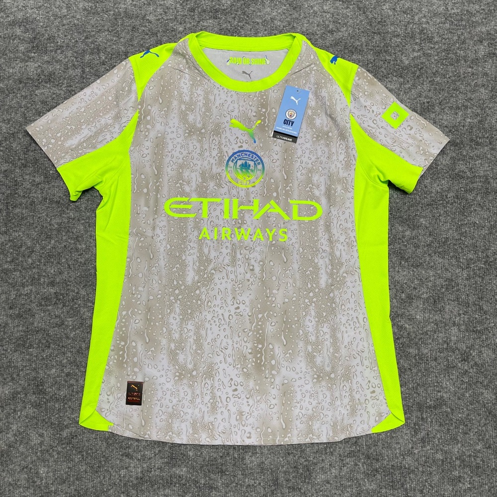 Manchester City Jersey Mens Medium Gray Neon Green Puma Third Kit Authentic Rain